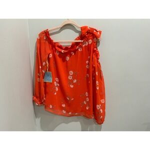 CeCe Red Floral Off The Shoulder Ruffle Blouse Bow Detail NWT Large